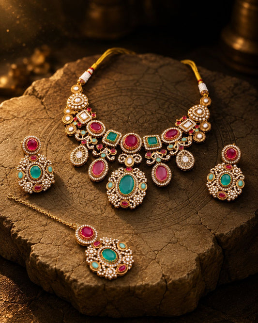 Mint Onion Sanjana Premium Sabya Inspired Necklace Set with Earring & Teeka