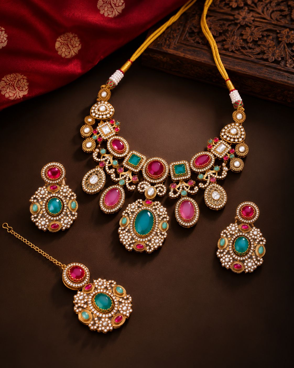 Mint Onion Sanjana Premium Sabya Inspired Necklace Set with Earring & Teeka