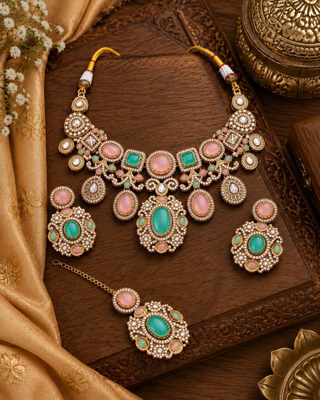 Pastel Sanjana Premium Sabya Inspired Necklace Set with Earring & Teeka