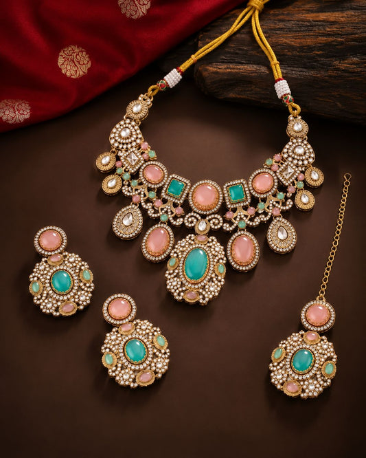 Pastel Sanjana Premium Sabya Inspired Necklace Set with Earring & Teeka