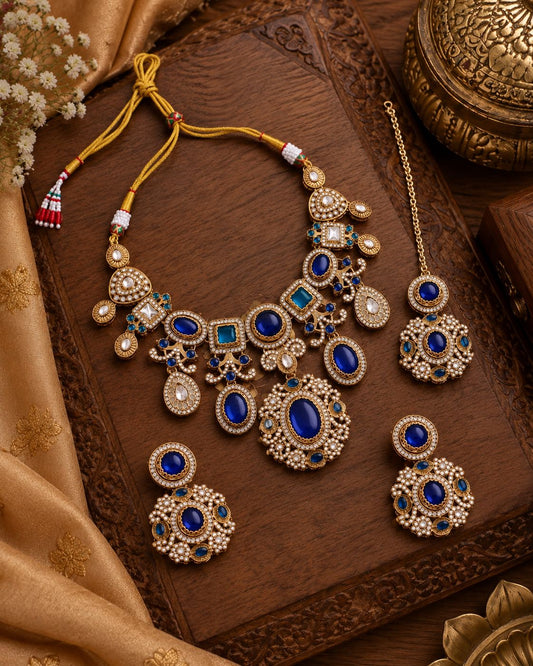 Blue Sanjana Premium Sabya Inspired Necklace Set with Earring & Teeka
