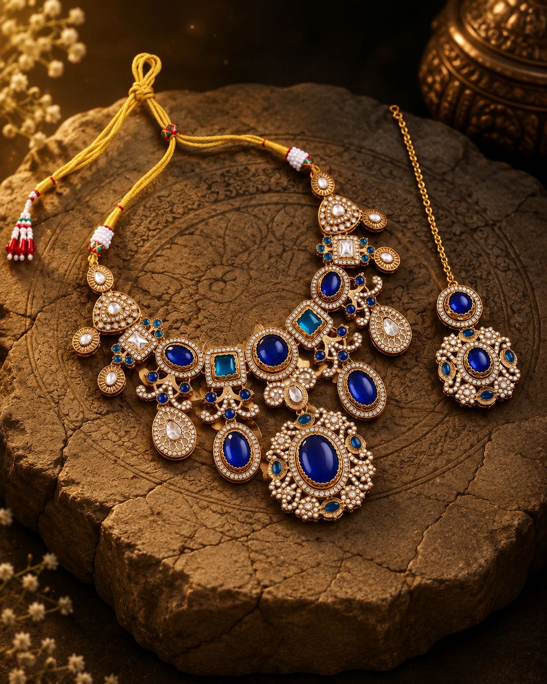 Blue Sanjana Premium Sabya Inspired Necklace Set with Earring & Teeka
