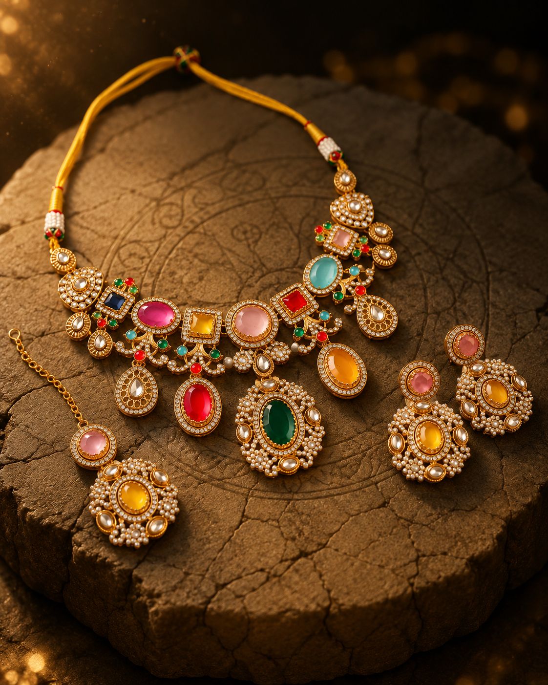 Multi Sanjana Premium Sabya Inspired Necklace Set with Earring & Teeka