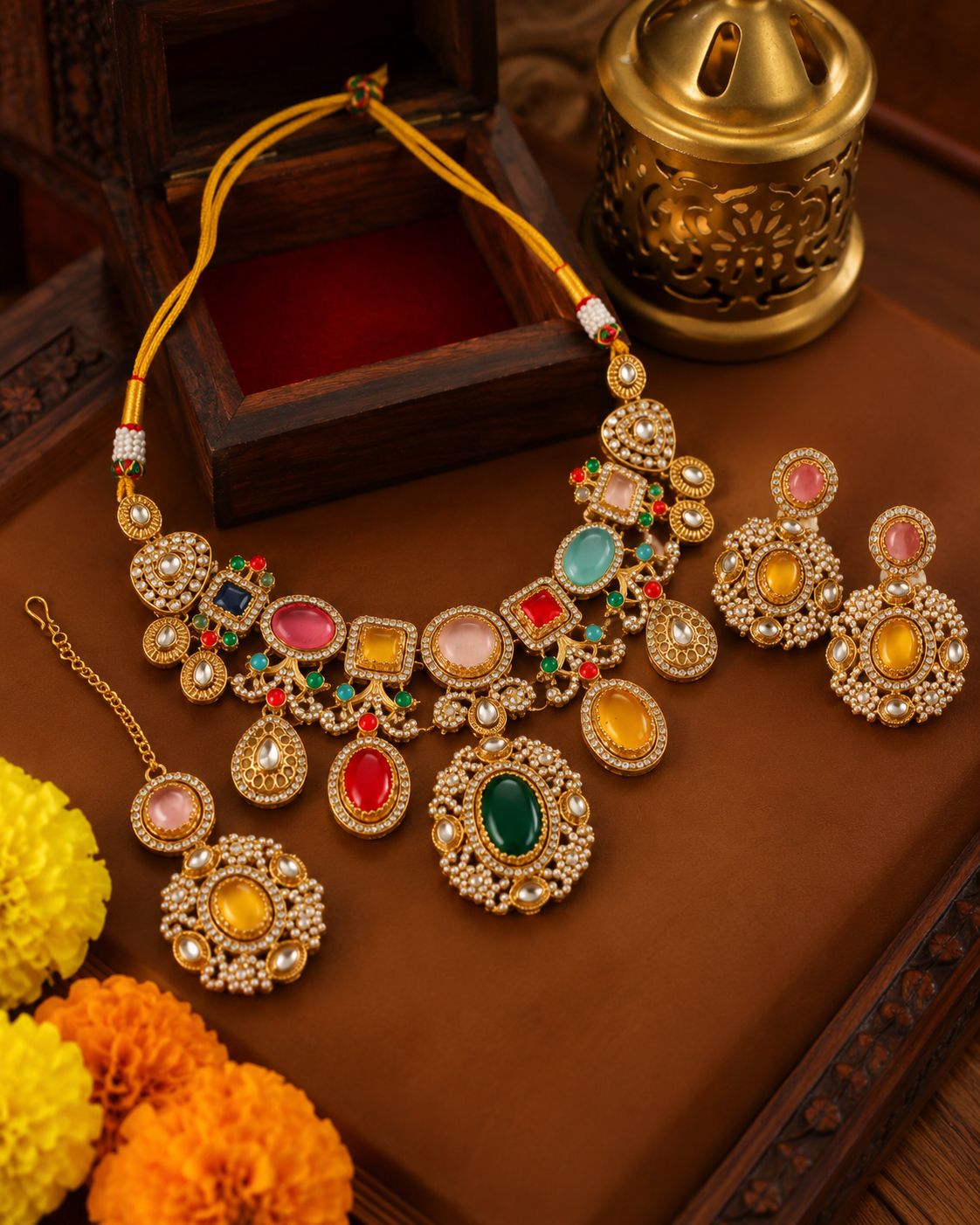 Multi Sanjana Premium Sabya Inspired Necklace Set with Earring & Teeka
