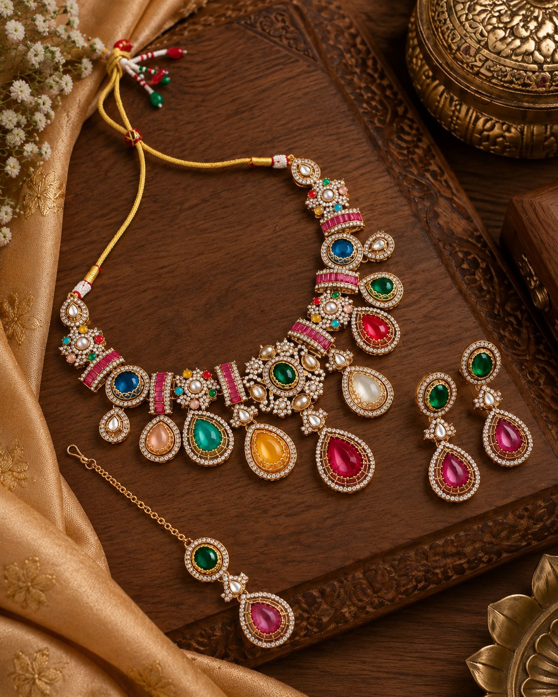 Multi Yuri Premium Sabya Inspired Necklace Set with Earring & Teeka