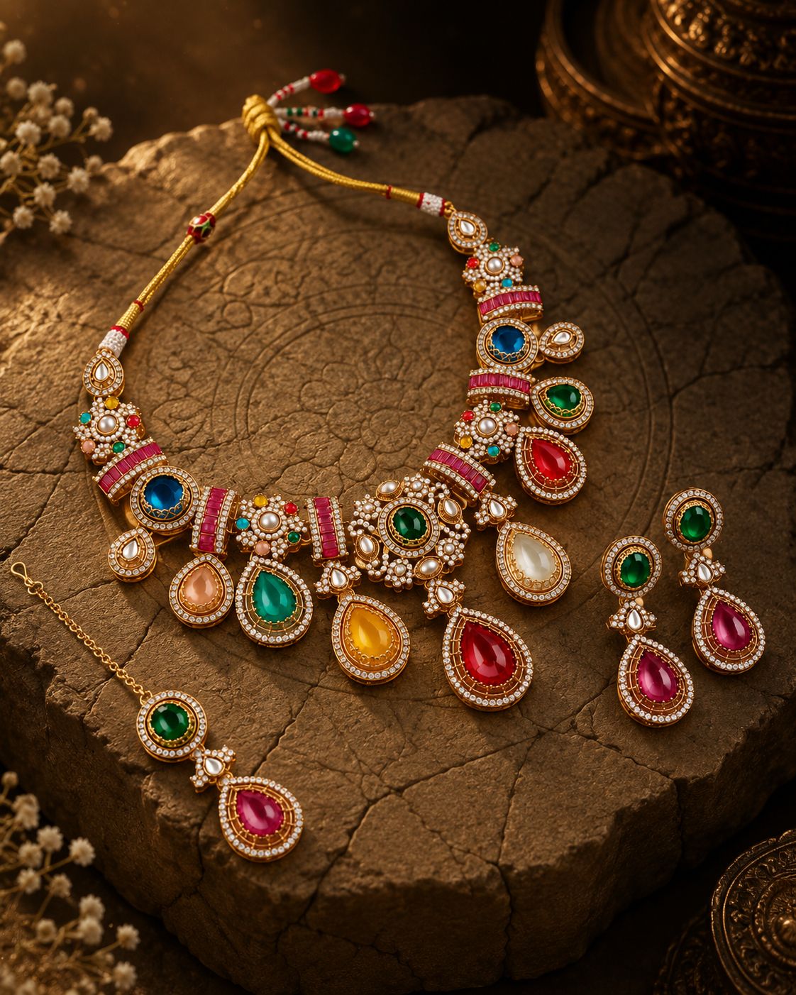 Multi Yuri Premium Sabya Inspired Necklace Set with Earring & Teeka