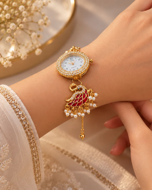 Red Kaira Heritage Kashmiri Ethnic Bracelet Watch for Women