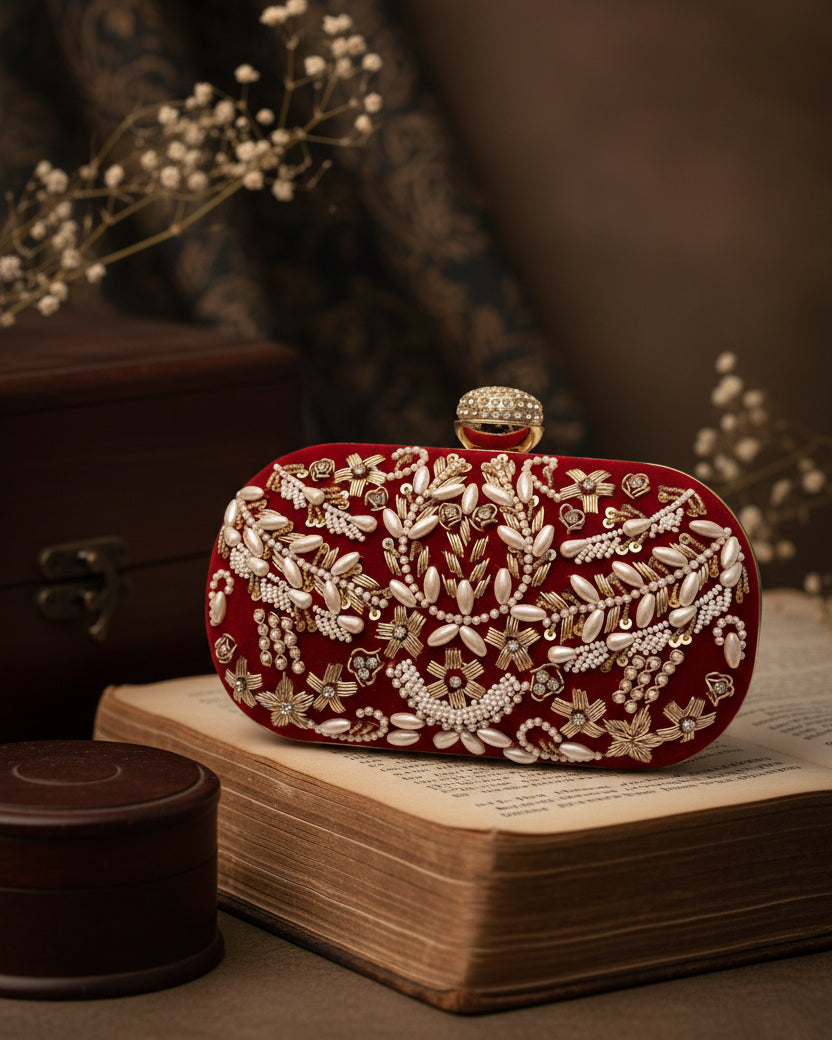 Dark Red Josiah Bridal Clutch - Ethnic