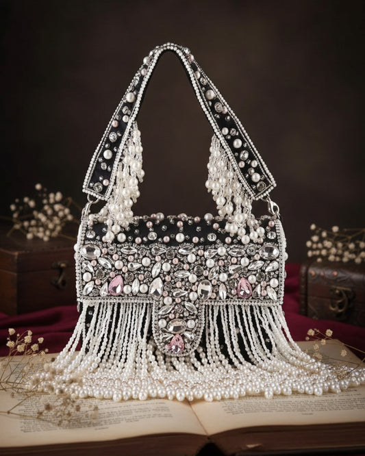 Black Tirzah Rhinestone Pearl String Flap Clutch