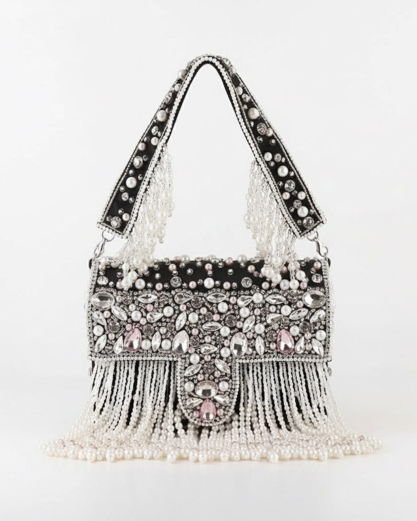 Black Tirzah Rhinestone Pearl String Flap Clutch