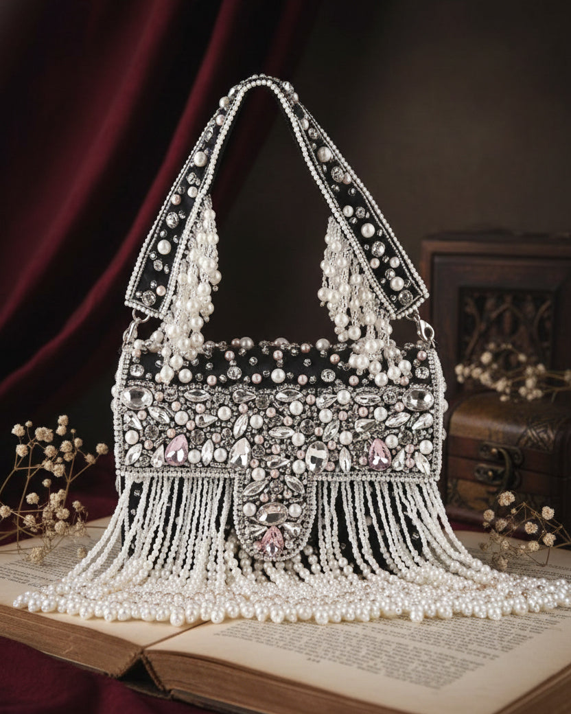 Black Tirzah Rhinestone Pearl String Flap Clutch