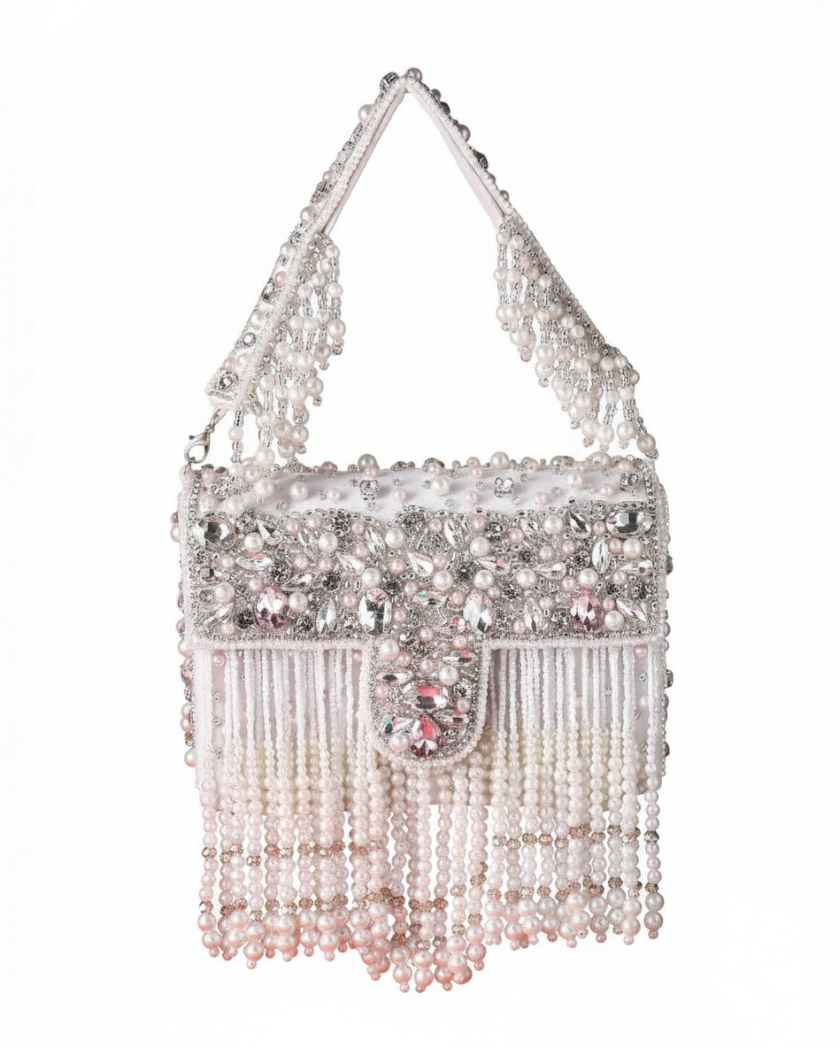 Ivory Tirzah Rhinestone Pearl String Flap Clutch