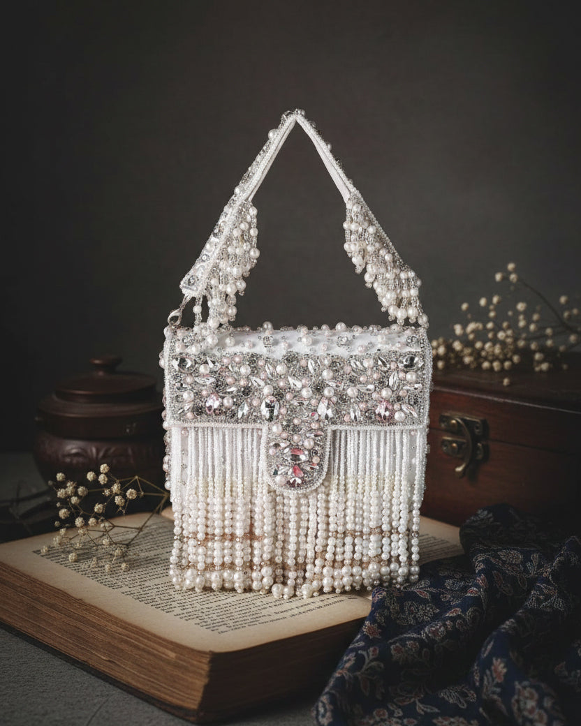 Ivory Tirzah Rhinestone Pearl String Flap Clutch