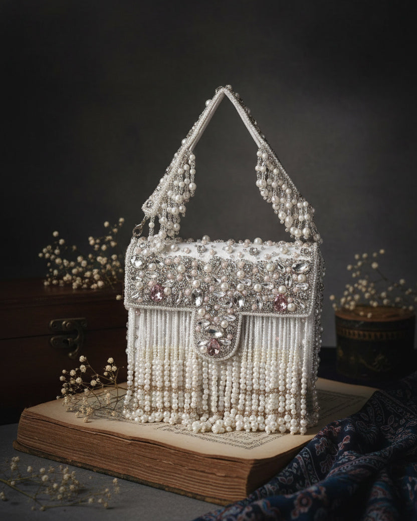 Ivory Tirzah Rhinestone Pearl String Flap Clutch